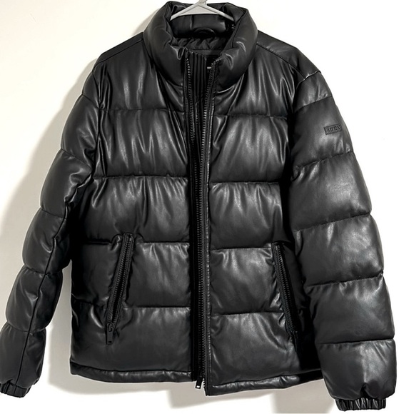 DKNY men's faux leather puffer zip jacket vegan black - Picture 1 of 5
